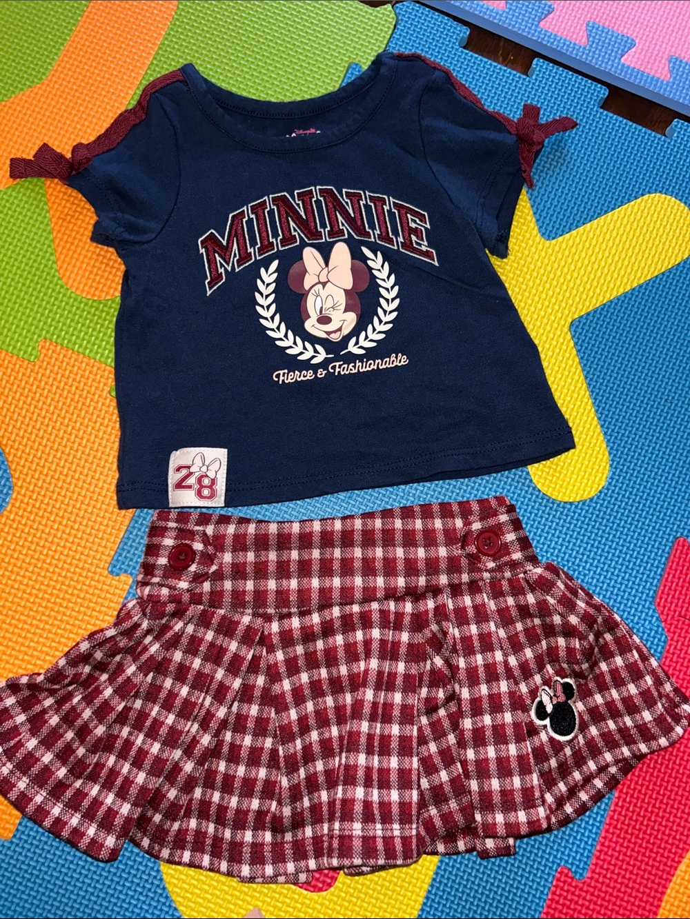 Minnie Graphic Navy Tee and Maroon Plaid Skirt Set 12m